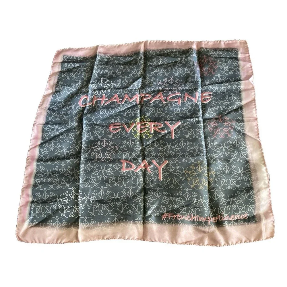 NICOLAS FEUILLATTE FRANCE CHAMPAGNE 100% SILK SCARF GRAY PINK LOGO SQUARE RARE